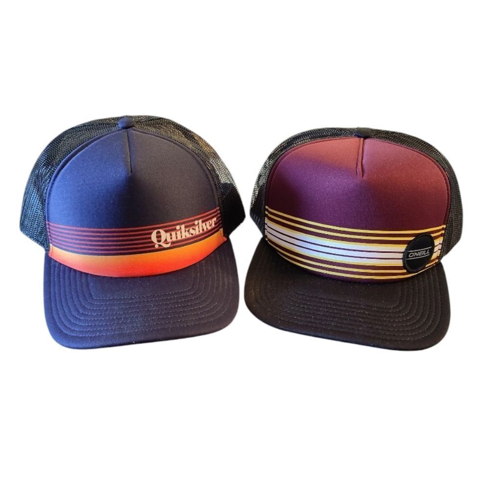 Quiksilver and O'Neill Striped Snapback Trucker Beach Hats Bundle Of 2